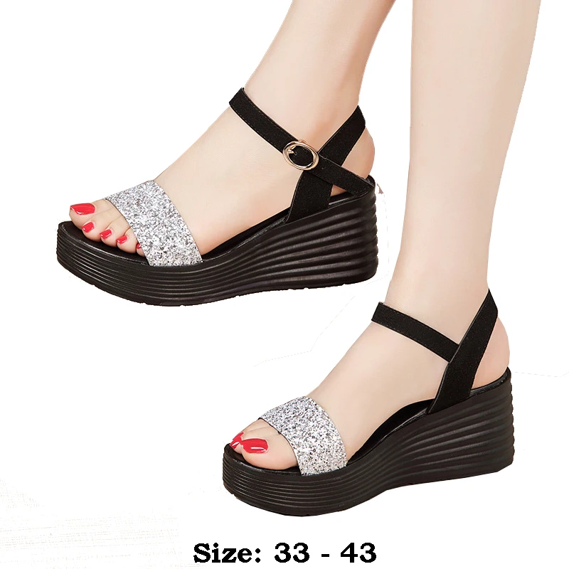 

High quality summer wedge sandals for women 7cm high heel 2024 size 33 34 42 43 platform open toe elegant shoe black gold silver