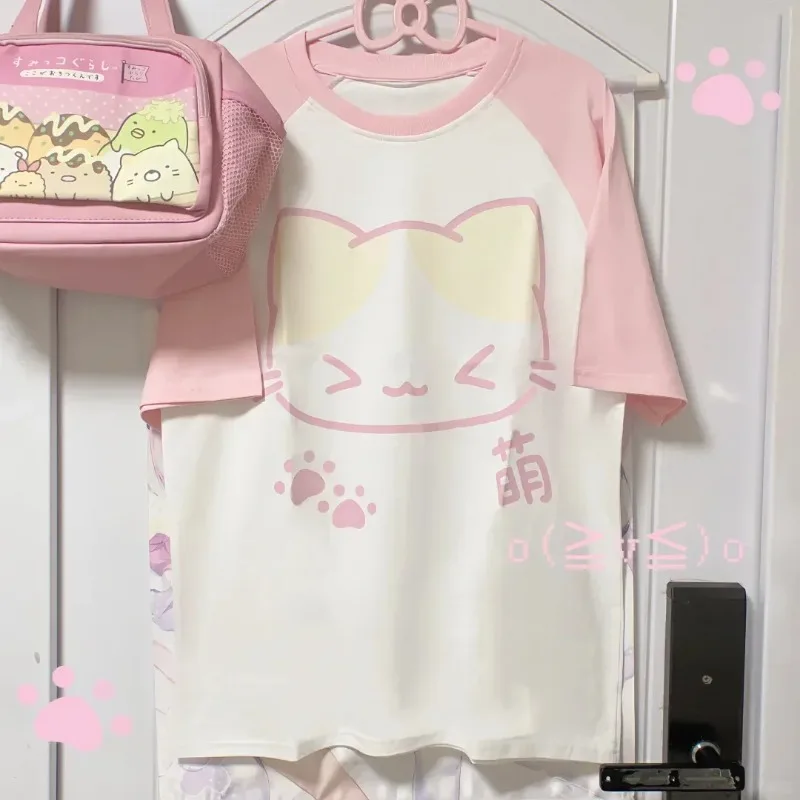 Y2K Cutecore Kawaii Cat Print Raglan Sleeve T-shirt Girls Japanese Harajuku Anime Cartoon Casual Loose Streetwear Cotton Blouse