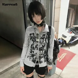 Karrcat Grunge Aesthetics Graffiti Print Zipper Top Vintage Y2k Punk Knitted Long Sleeve T-shirt American Retro Streetwear 90s