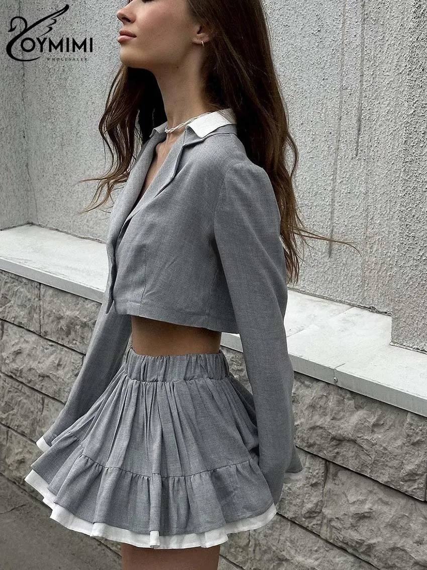 Oymimi Fashion Grey Patchwork Sets Womens 2 Piece Elegant Long Sleeve Button Crop Shirts And High Waist Pleated Mini Skirts Sets