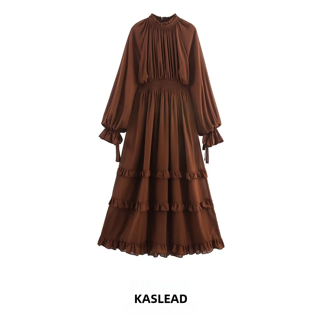 KASLEAD New Women's Faion Slimming Multi-Layer Ruffle Waist-Cinching Long Dr Street Sle Fairy Skirt Long Sve Polyester