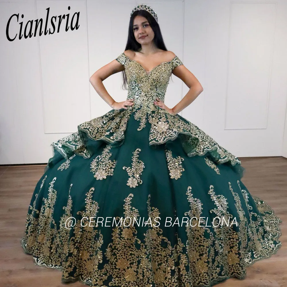 Green Quinceanera Dresses Princess Off The Shoulder Sweet 16 Ball Gown Beaded Appliques Lace Bling Lace-up Corset