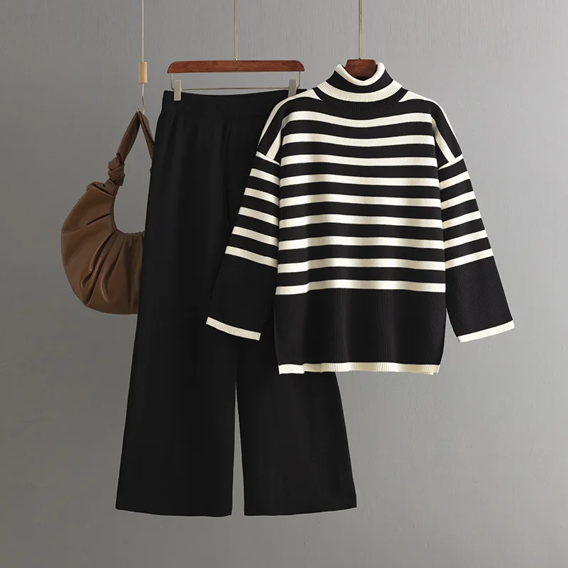 Muslim Women Knitting 2 Piece Sets Striped Sweater Pullover Top Wide Leg Pants Suit Outfits Knitwear Turtleneck Ensemble 2025