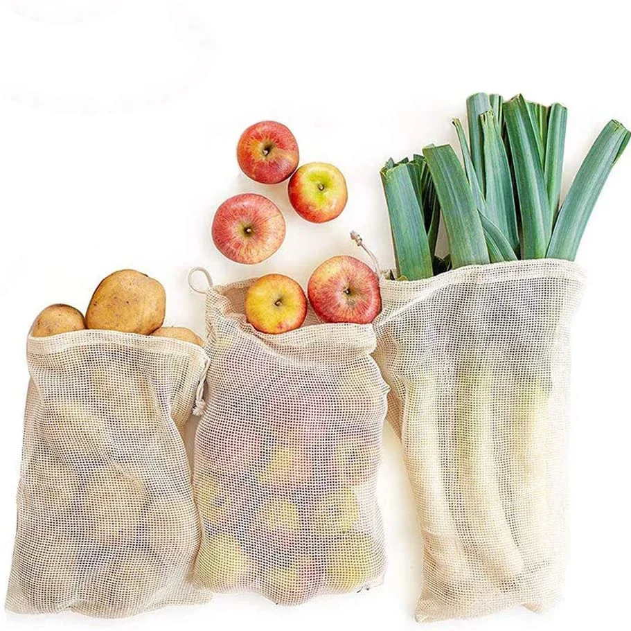 3pcs Reusable Cotton Vegetable Bag Eco Mesh Produce Bags for Vegetable Fruit Kitchen Washable Grid Storage Bag With Drawstring