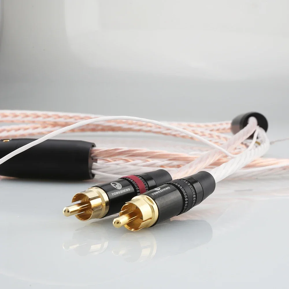 Kabel męski 8TC 2 RCA do 2 RCA kabel do fiszoramienia Audio HIFI 24k pozłacany przewód uziemienia szpadla