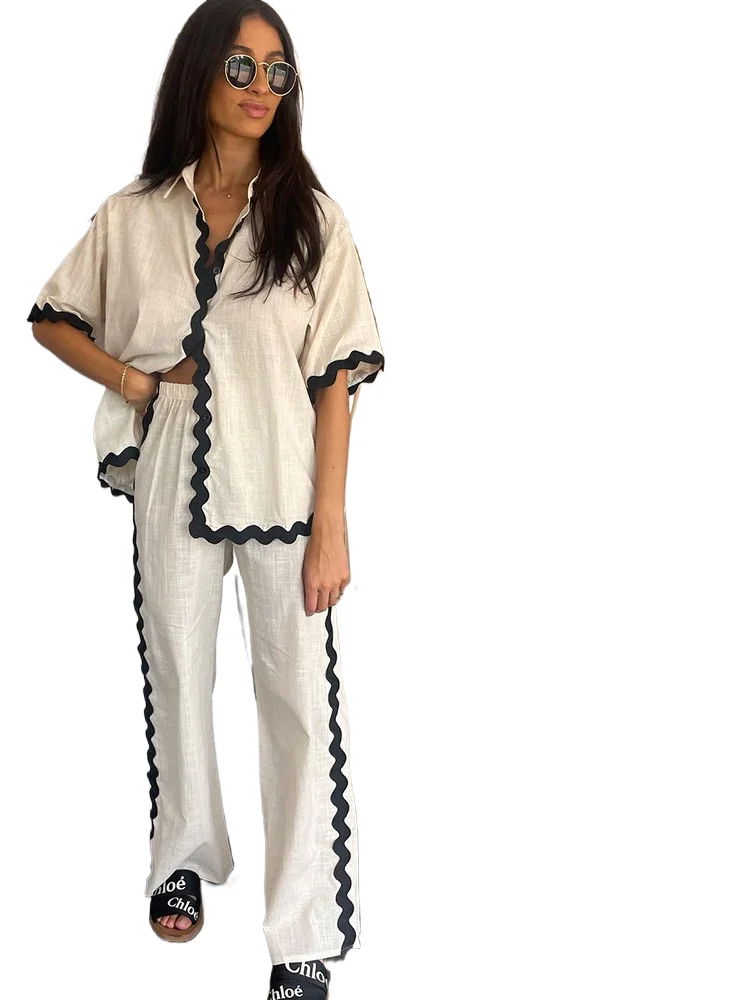 

2024 Summer New Solid Color Pant Sets Women Fashion Wavy Splicing Casual Short Sleeves Shirts Trousers Two Piece Set Female