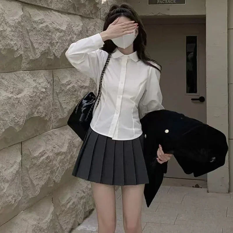 

Women's White Shirt Korean Preppy Style Long Sleeve Turndown Collar Blouse School Girl Uniform Student Slim Shirts 2024