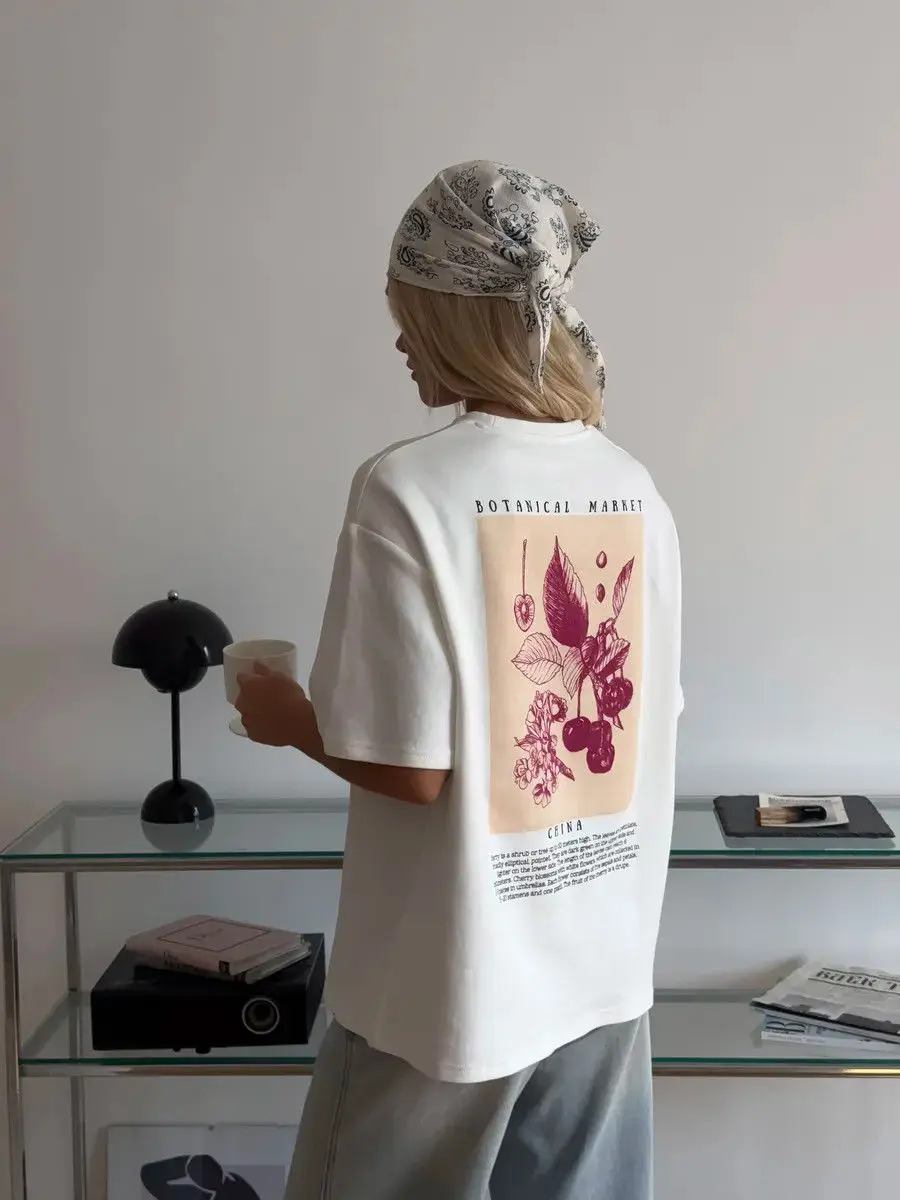 100% Pure Cotton Botanical Plant Aesthetic Graphic Tee Design Back Printed Temperament Women Summer Comfortable T-shirts Loose