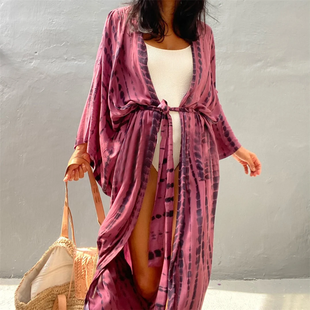 Neues, bedrucktes Langarm-Tunika-Strandkleid mit Gürtel in 10 Farben, Strandkleid, Strandmode, Damen V4521 – Detail 33