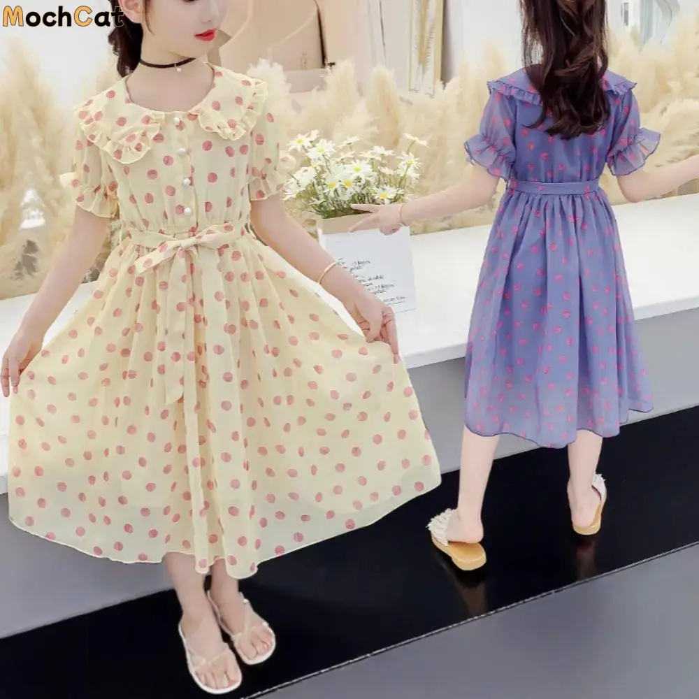 

Elegant Doll Collar Girls Princess Dress Teens Party Summer Dot Dress Sweet Beach Vacation Children Dress Holiday