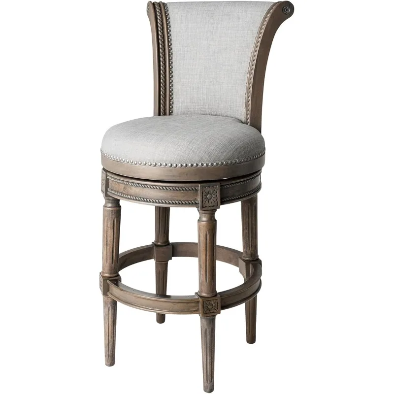 

31 Inch Tall Bar Height Upholstered Barstool with Back in Reclaimed Oak Finish with Ash Grey Fabric Cushion Seat