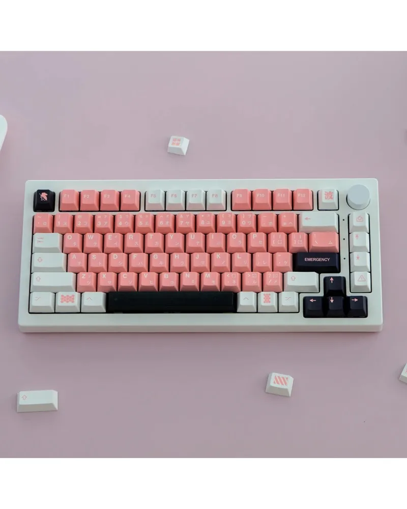 

Pink white and black color block pbt dye sub keycaps full set oem profile for mechanical keyboards