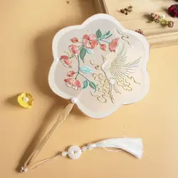 중국 스타일 자수 선풍기 장식 팬, 고대 스타일, 긴 손잡이 술, 중국 의류, 치파오 댄스 핸드 선풍기