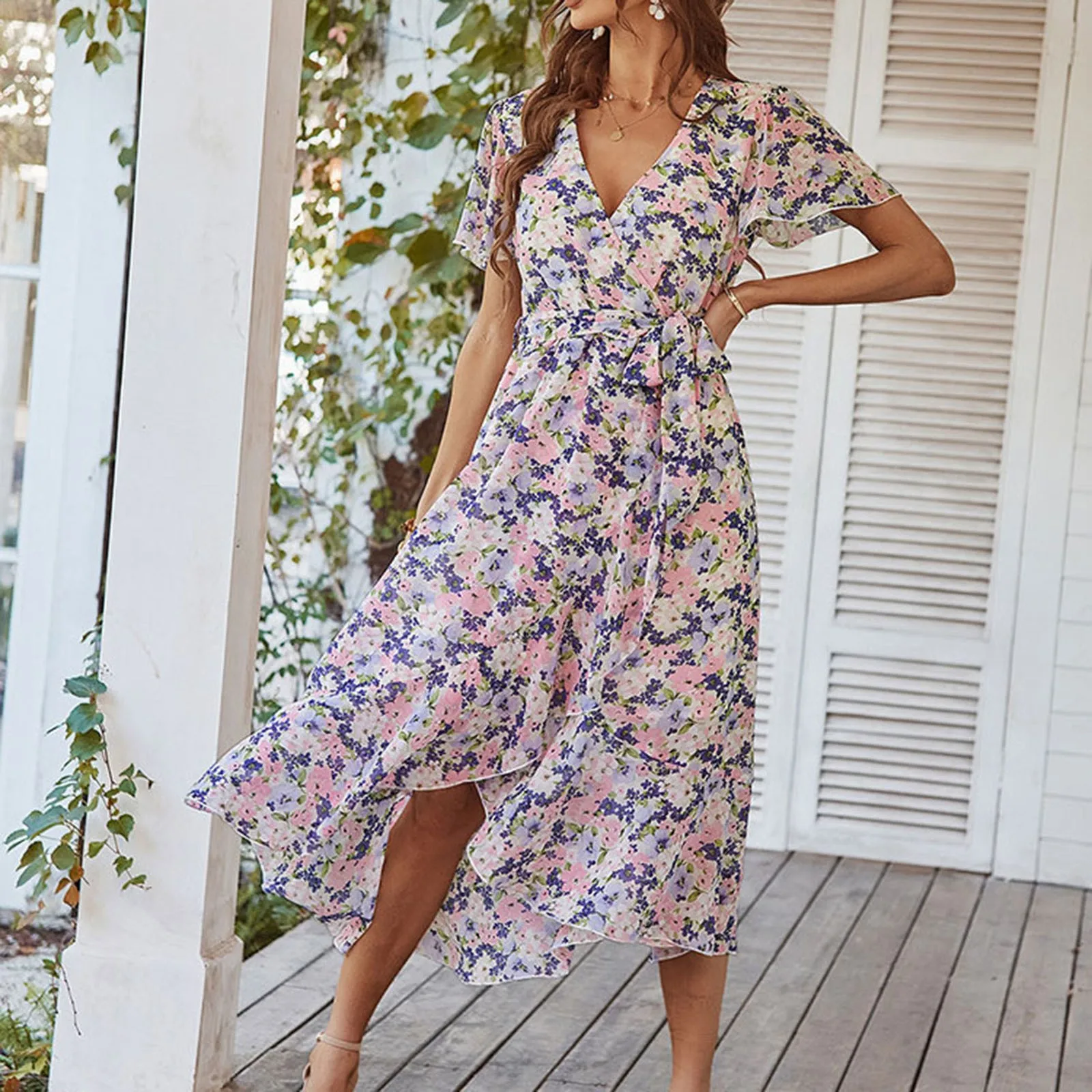 

Summer Dresses For Women Floral Print Boho V Neck Ruffle A Line Flowy Midi Women's Vacation Dress Fashion Beach Lace Up Clothes