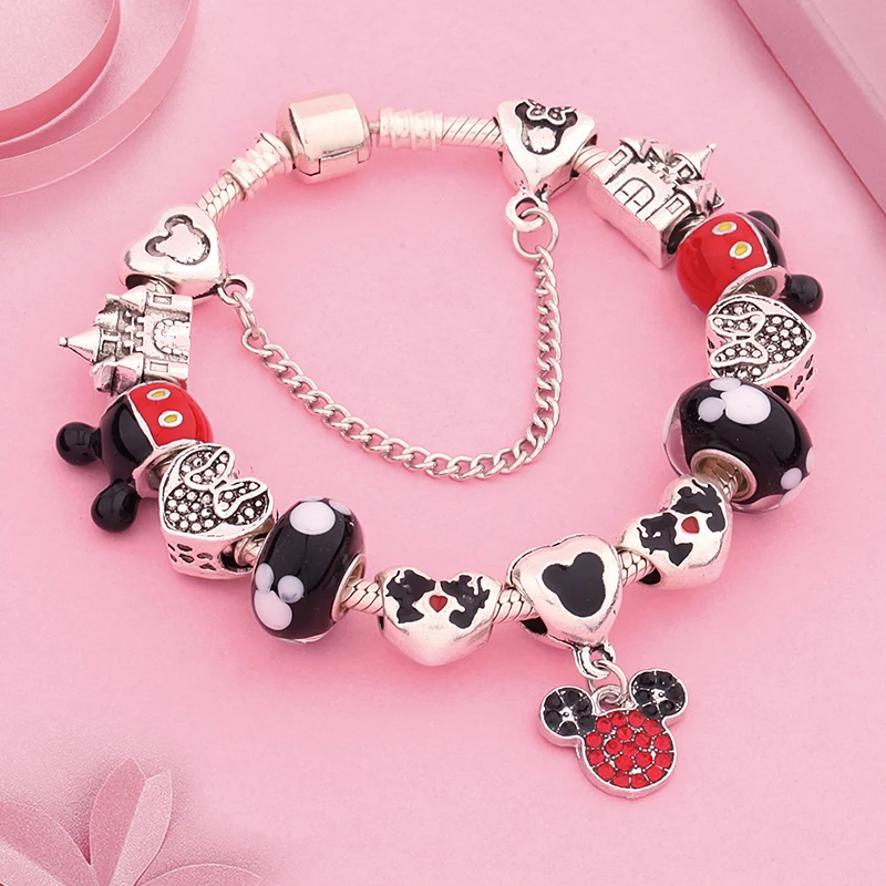 Potdemiel Black Crystal Mickey Beaded Bracelets Silver Color Minnie Castle Cartoon Charm Jewelry