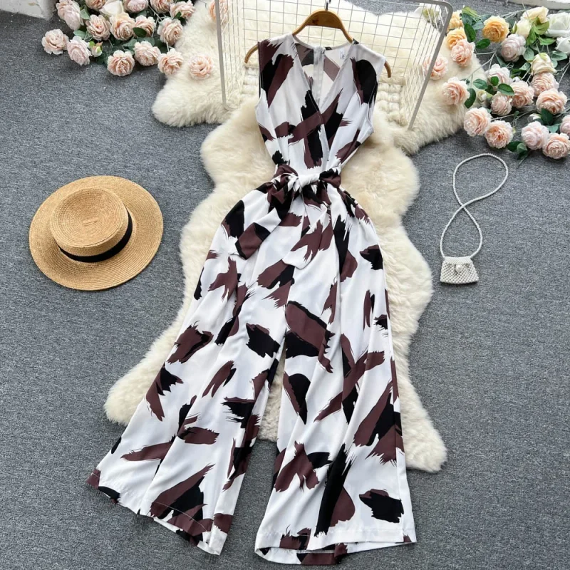 

Summer Fashion Print Jumpsuits Women V-neck Sleeveless Romper Waistband Jumpsuits Euro Style Ladies Loose Leg Pants Overalls