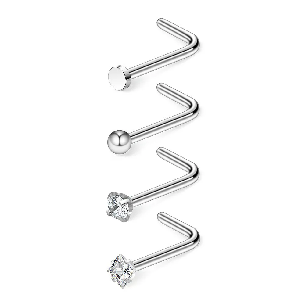 20G Surgical Steel Round Flat Ball Clear Diamond CZ Nose Stud Rings L Shaped Piercing Jewelry For Woman and Man 1PCS/4PCS Set