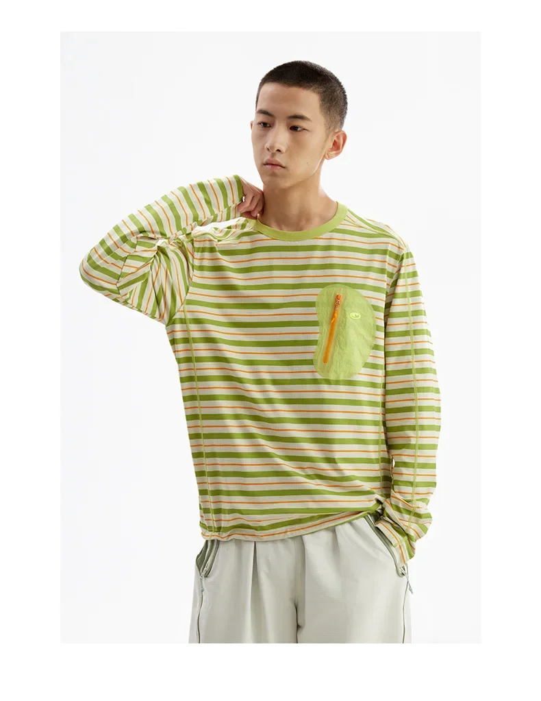 Unisex Gestreiftes Langarm-T-Shirt – UPF50+ Sonnenschutz & Schnelltrocknend mit Kontrastfarbener Reißverschlusstasche für Outdoor- & Freizeitkleidung – Detail 12