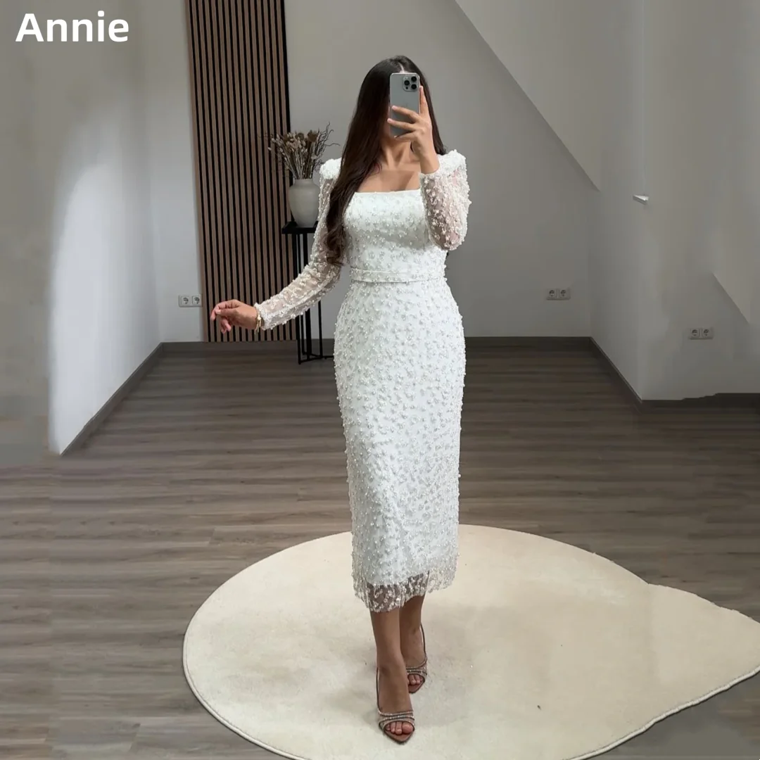 Annie White Wedding Dress Beaded Tulle Long Sleeves Prom Dresses Mermaid Ankle Elegant Lady Evening Dresses Customized 2025