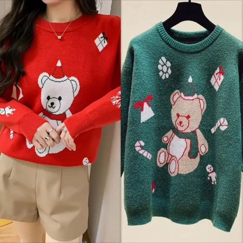 New Christmas Knitted Sweater Women Teddy Bear Jacquard Loose Long Sleeve Pullover Knitwear