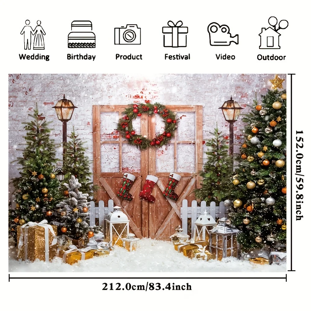 Christmas tree background photography cloth, antique wooden door gifts New Year holiday party photo studio props