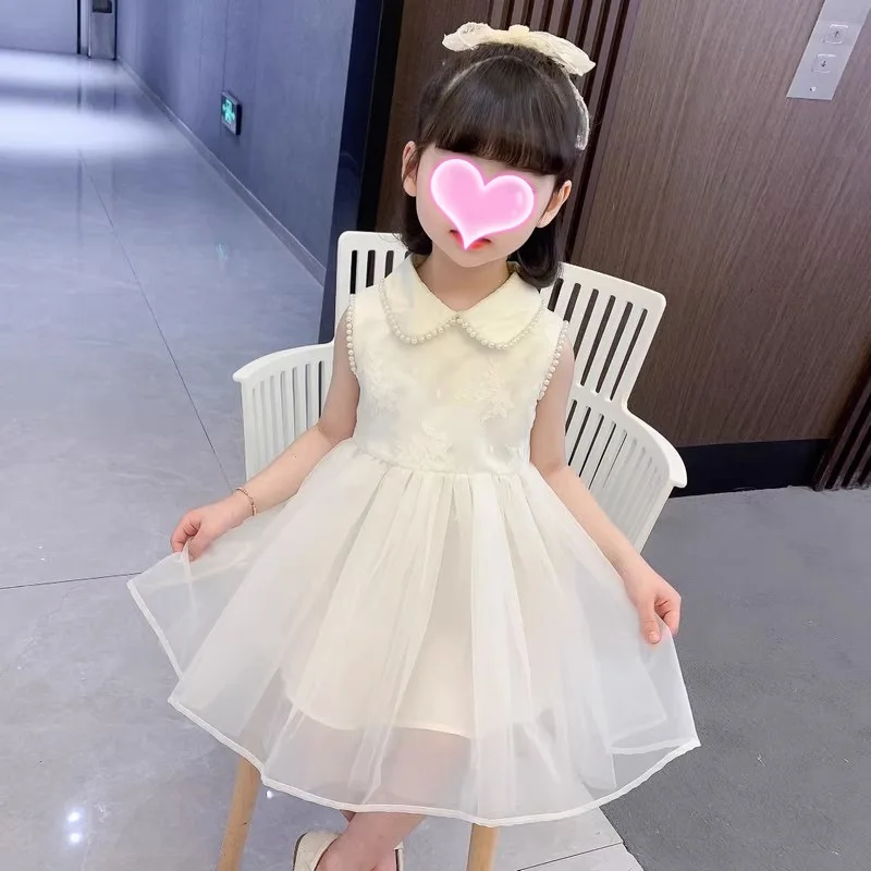 2024New Girls' Princess Dress Summer Sleeveless Back Hollowed Heart Shape Bow Mesh Stitching Pettiskirt