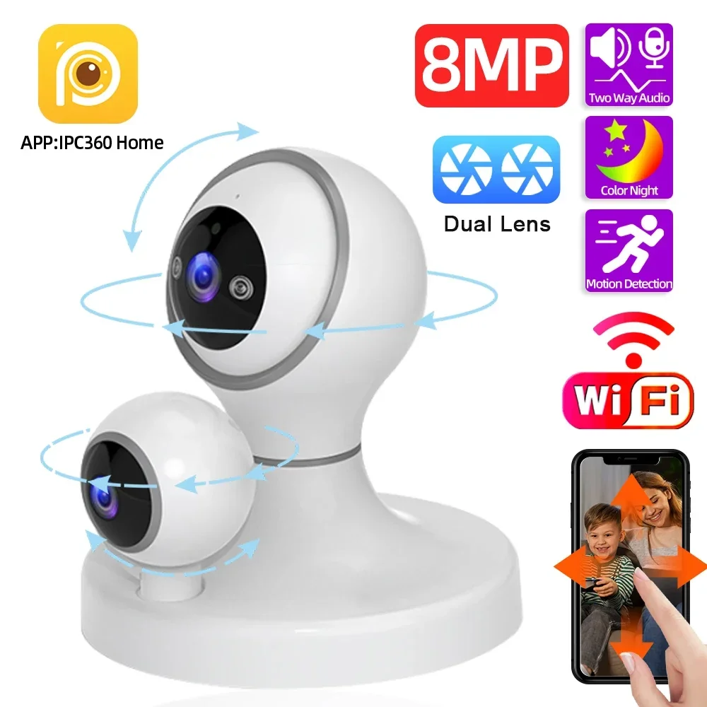 

4K 8MP Wifi IP Video Surveillance Camera Dual Lens Indoor Mini Wireless PTZ CCTV Security Baby Monitor Camera Auto Tracking 4MP