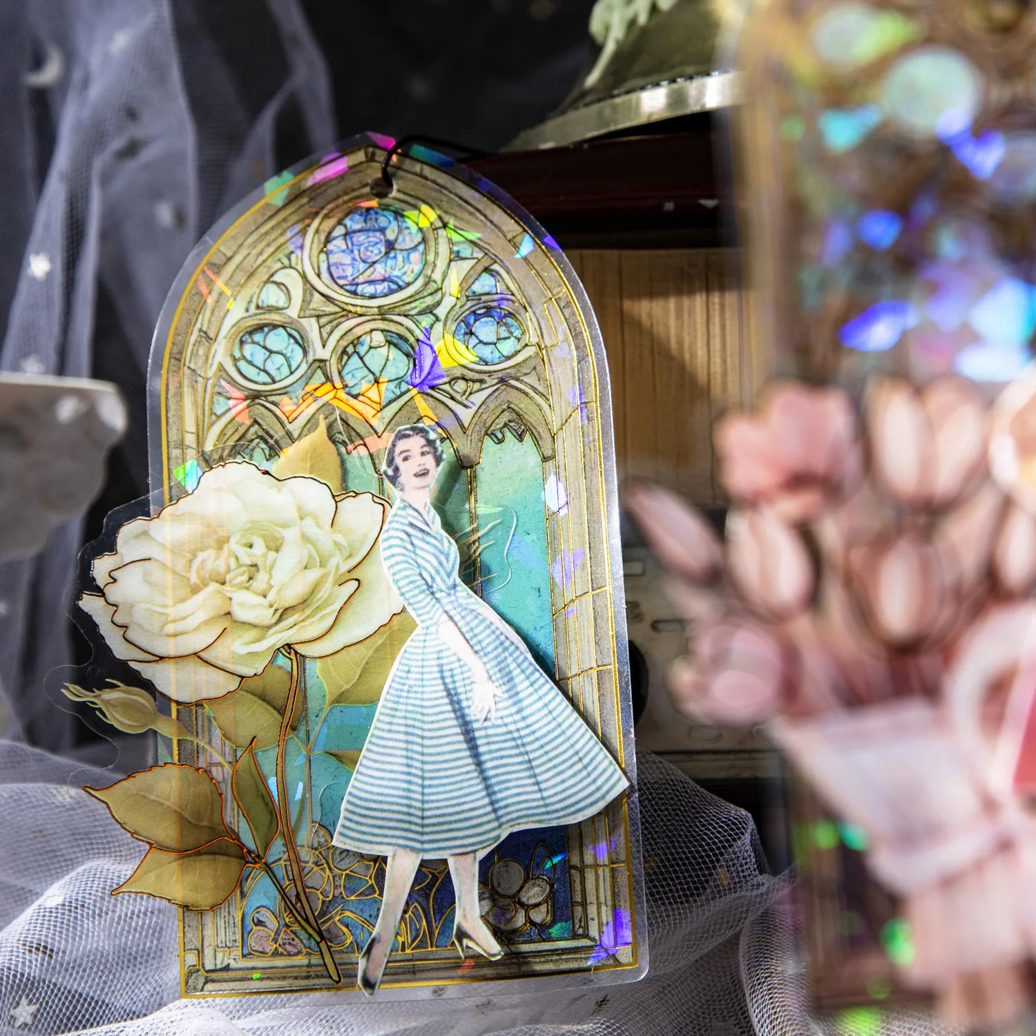 10pcs 빈티지 스테인드 글라스 PET 방수 스티커 레트로 Scrapbooking 용품 고딕 창 저널 장식