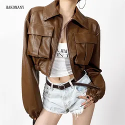 Chaqueta de cuero PU a cuadros para mujer, abrigo corto holgado de manga larga con bolsillos delanteros y dobladillo elástico, color negro y marrón, 2023