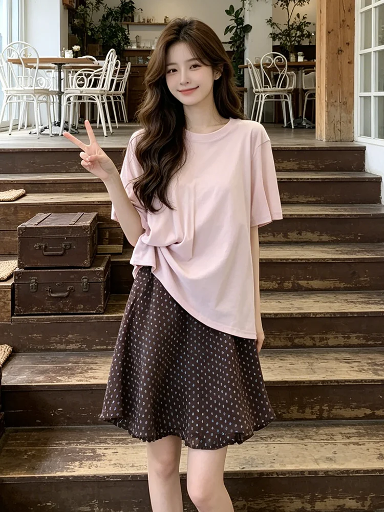 

Korean Minimalist Fashion Set Women's Summer New Pure Color T-shirt Polka Dot A-line Skirt Two-piece Set Casual Style