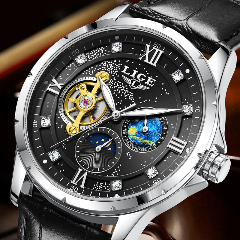 LIGE 2026 ساعة رجالي موضة عادية الأعمال مقاوم للماء ساعة ميكانيكية مضيئة الرياضة القمر المرحلة ساعة يد رجالي هدية رجالي #1