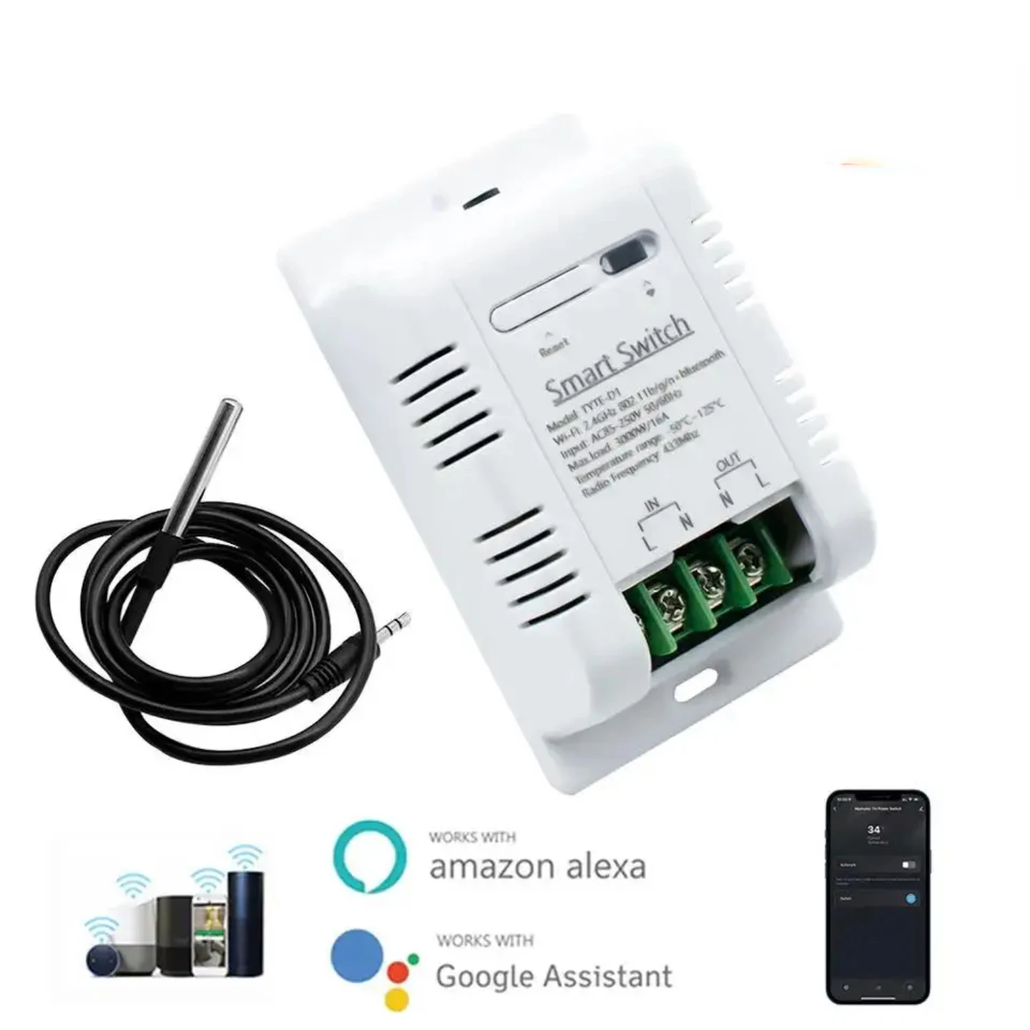 Interruttore di temperatura intelligente WiFi 16A 3000W Termostato di monitoraggio del consumo energetico Compatibile con Alexa Smart Switch