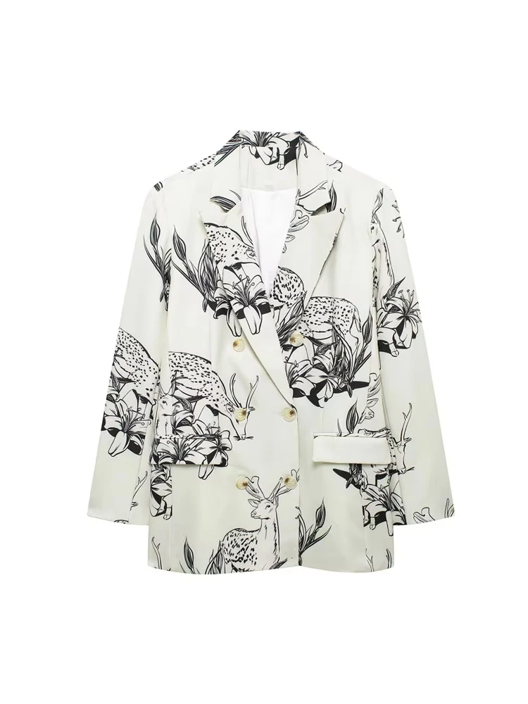 

Женский двубортный пиджак с принтом, пальто с длинным рукавом, зубчатый воротник, женская верхняя одежда, шикарные топы, мода