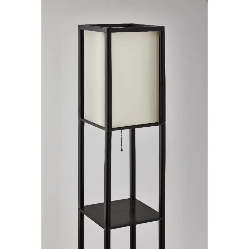 

NEW 62" Plastic Black Shelf Floor Lamp, Sustainable White Fabric Shade ,Modern Design, New Condition, Adult and Dorm Room Use