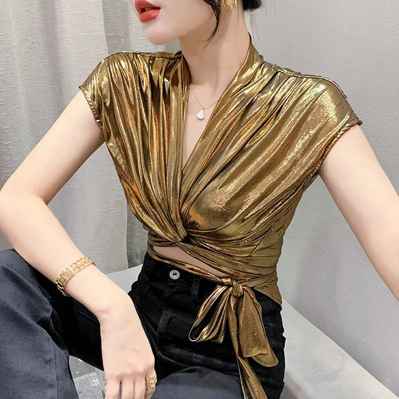 Gold Silver Green Shinny Short Sleeve Blouse Women Sexy Irregular Short Wrap Shirt Female Bandage Summer Tops