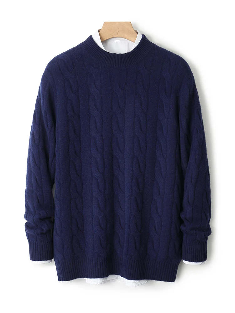 Chic O-Neck Twist Flower White Sweater 100% Merino Wool Knitted Tops Autumn Winter Preppy Simple Style Men's Pullover Thick Tops