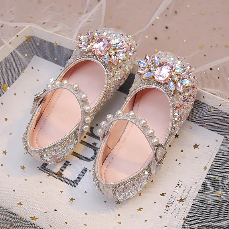 

Детская повседневная обувь, туфли принцессы с блестками и кристаллами из искусственной кожи, весенняя обувь для девочек, Нескользящая фиолетовая розовая обувь, размер 26-35