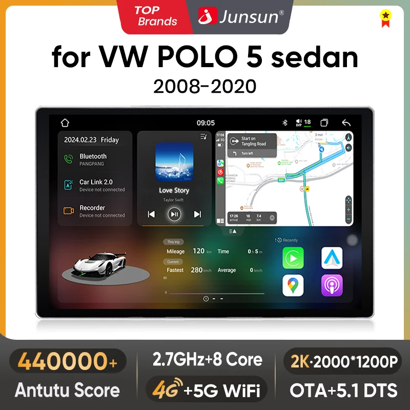 Junsun V3 Plus 2K Wireless CarPlay Android Auto Car Intelligent Systems For VW Volkswagen POLO 5 sedan 2008-2020 Autoradio