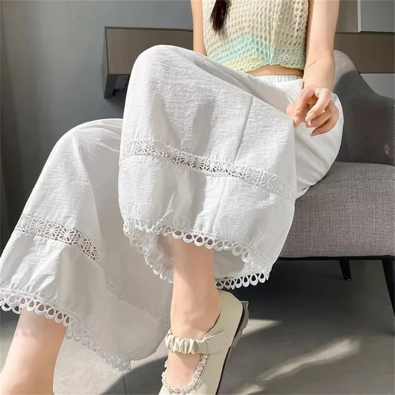2026 Korean Fashion Woman Clothing Black Trousers Summer Women Elegant Lace Patchwork White Wide Leg High Waisted Pants