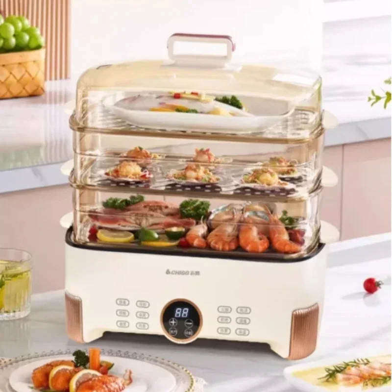 multi-function electric steamer, household kitchen, large capacity can be boiled, stir-fried,  steamed breakfast, three-layer