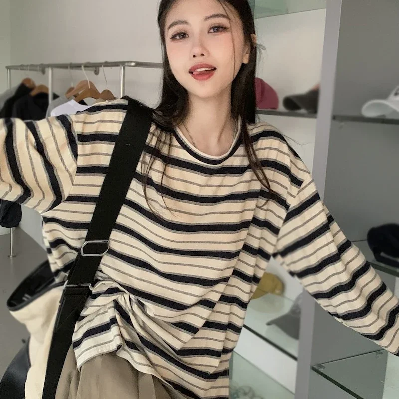 

Women's Casual Top Spring Autumn Stripe Contrast Long Sleeves T-Shirt