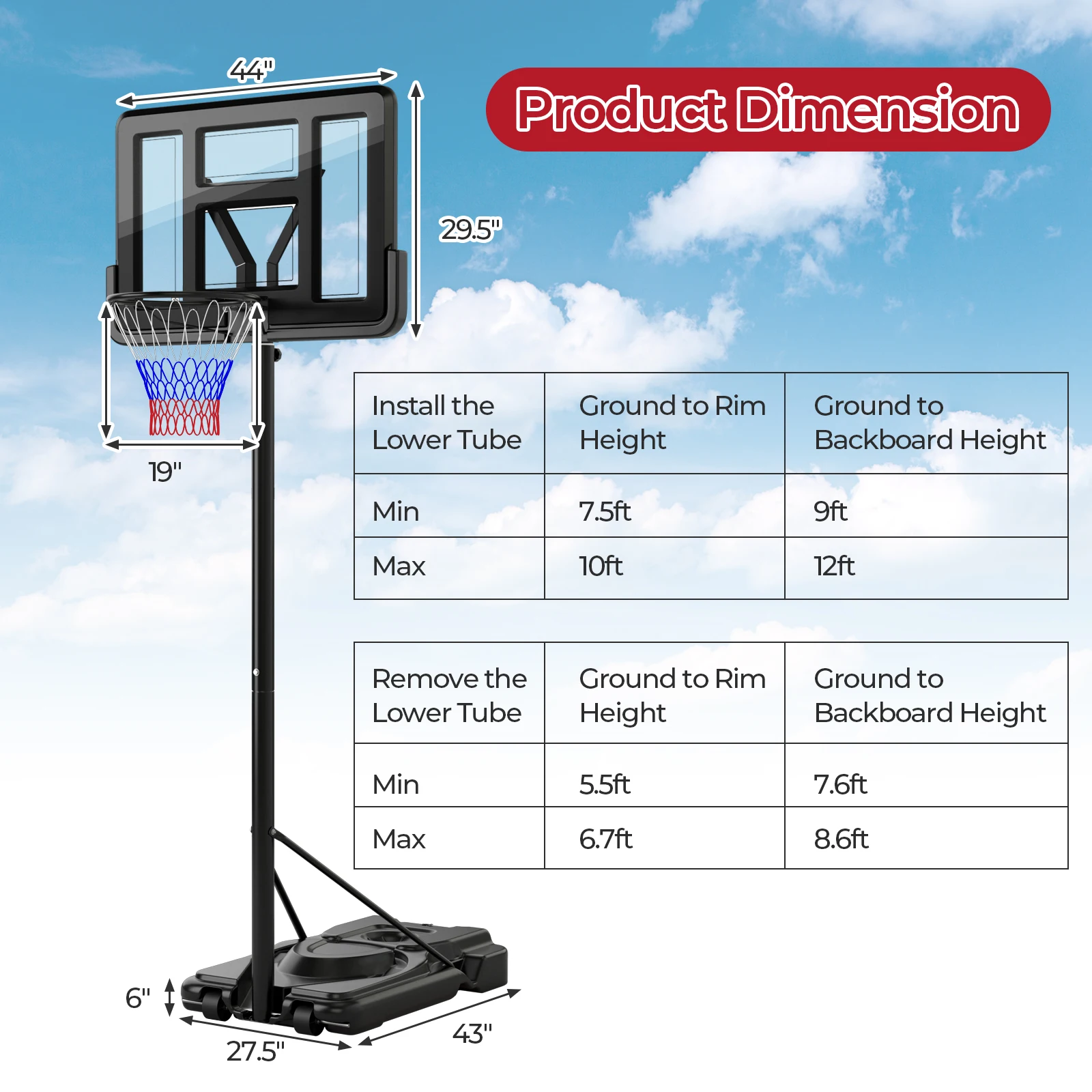 Aro de baloncesto portátil, sistema de portería ajustable de 5,5-10 pies