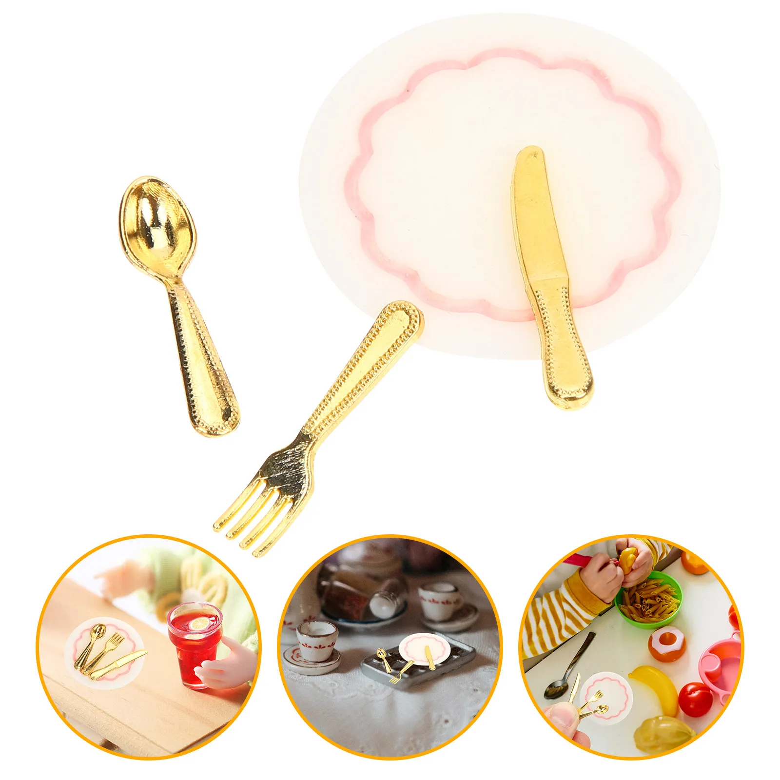 

6Sets Miniature Tableware Set Realistic Resin Alloy Mini Kitchen Accessories for Dollhouse Decoration Mini House Plates Forks