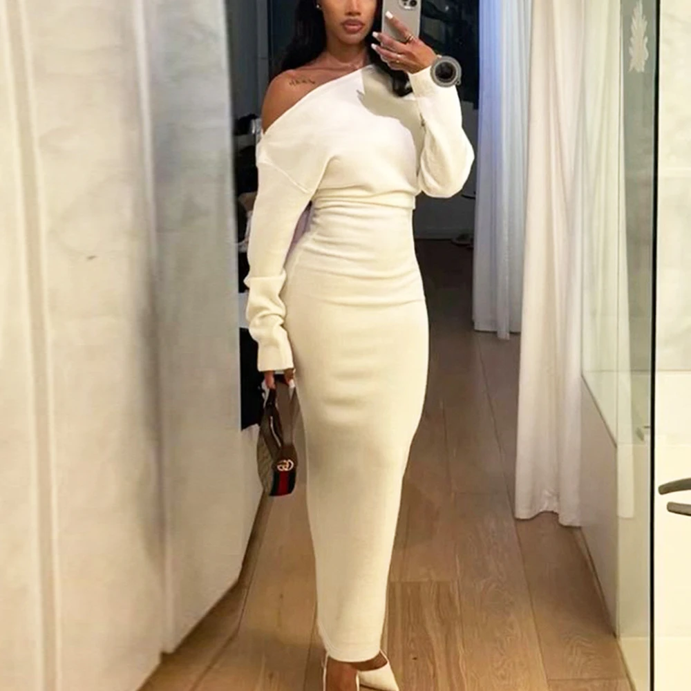 

Ticketsx Elegant Off Shoulder Maxi Dress Solid Ruched Backless Patchwork Slim Dress Fashion Autumn Female Party Evening Dress