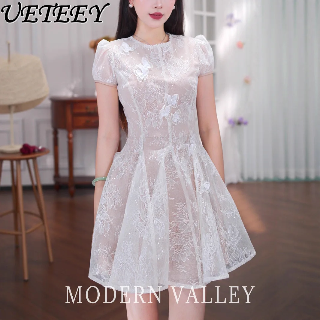 สไตล์ฝรั่งเศส Socialite Design ลูกไม้สามมิติผีเสื้อ Elegant ชุดเดรสสั้นเอวสูง SLIM FIT พัฟแขนสั้นชุด