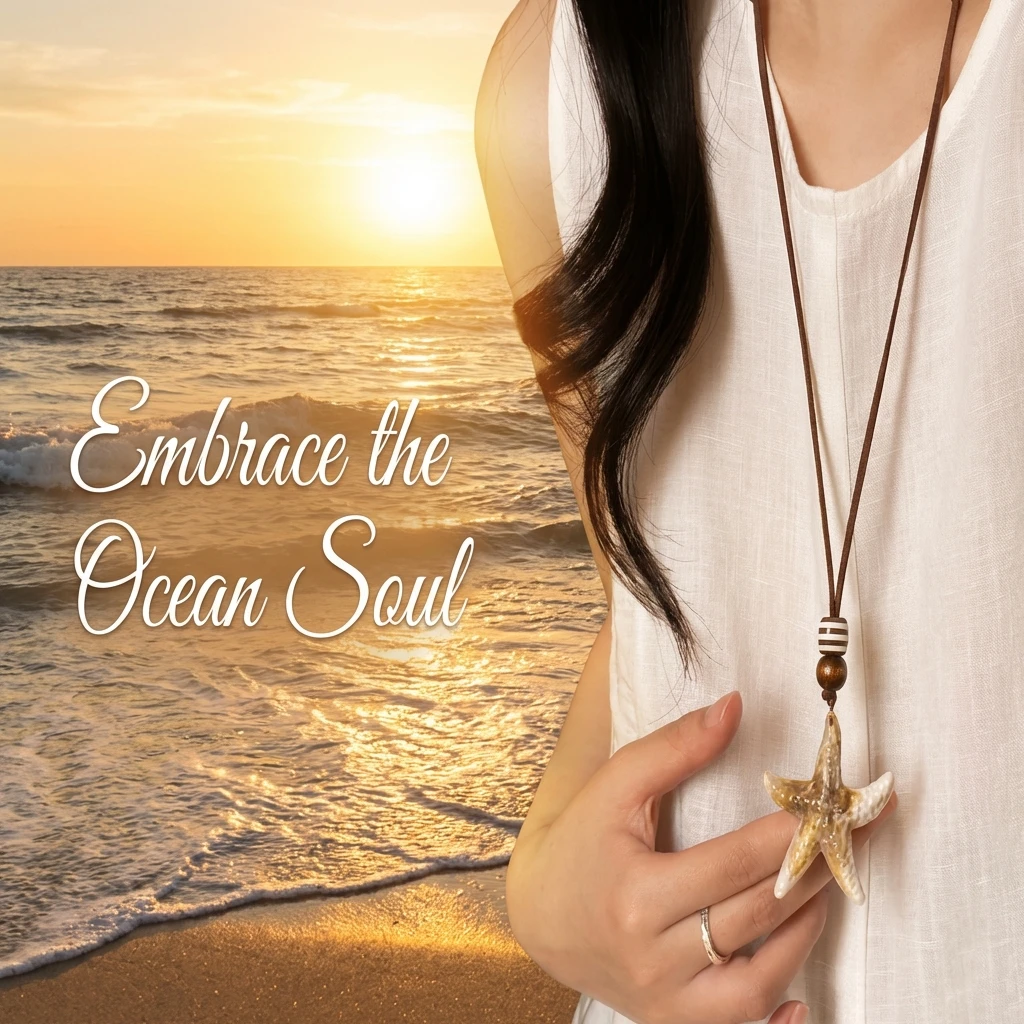 Vintage braune Seestern-Halskette für Damen, lange Seil-Boho-Anhänger-Halskette, erdfarbener Sommer-Strand-Urlaubsschmuck, Geschenk – Detail 1