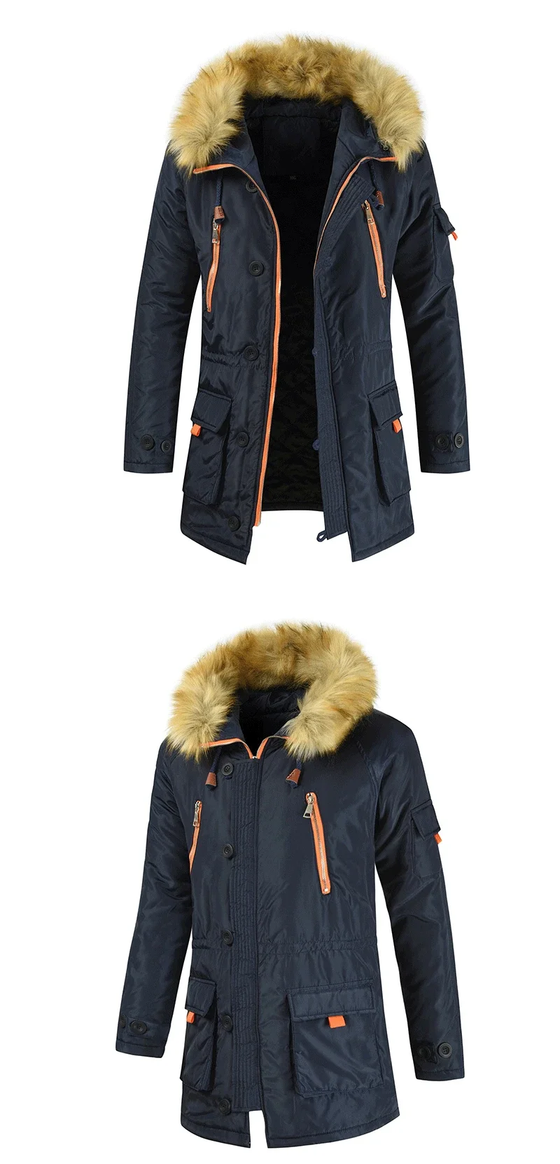 2023 Winter New Casual Men's Jacket Large Fur Collar Thickened Cotton-padded Jacket Couple Youth Medium Long Hooded Coat