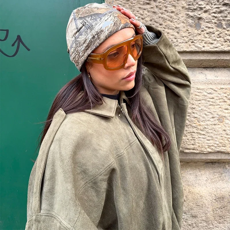 Vintage-Jacke aus massivem Kunstwildleder mit Reißverschluss für Damen, modisch, elastische Taille, Taschen, Reverskragen, locker geschnittener Mantel, Damen-Alltags-Street-Outfit. – Detail 10