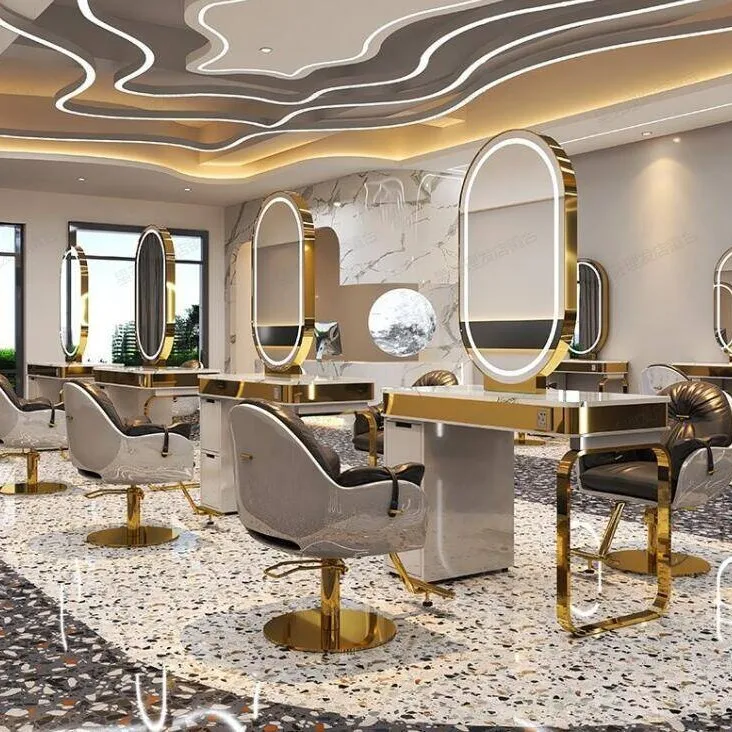 Luxury Hair Salon Double Sided Barber Shop Styling Station Furniture Mirror Station With Cabinet Cutting Table