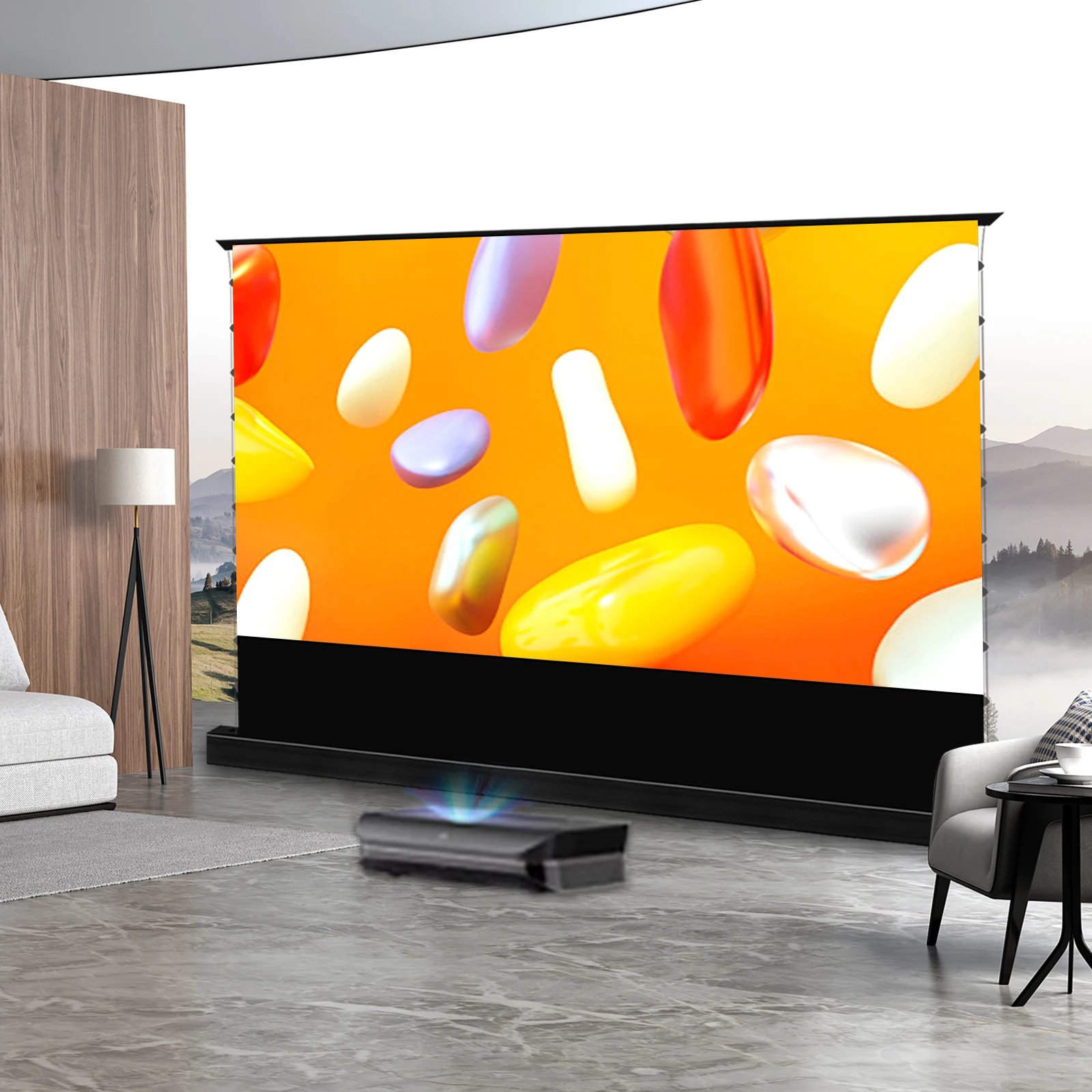 2026 New Electric Tab Tension Floor Rising Screen ALR Ambient Light Rejecting Motorized for UST Laser 4k Projector Curtain